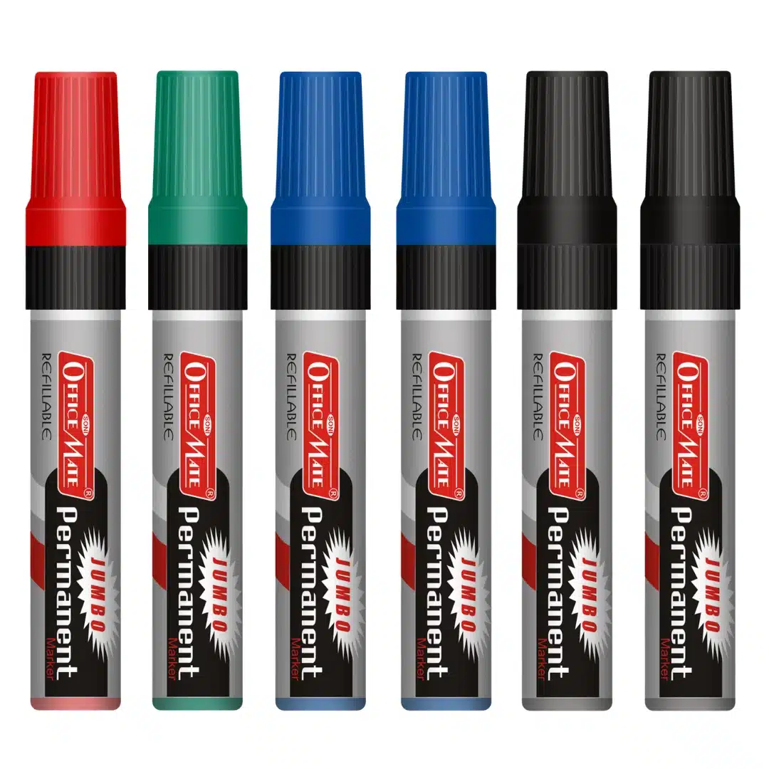 Soni Office Mate Jumbo Permanent Marker Refillable 10 mm Chisel Tip for Plastic, Glass, Metal & More, Multicolor (Pack of 6)