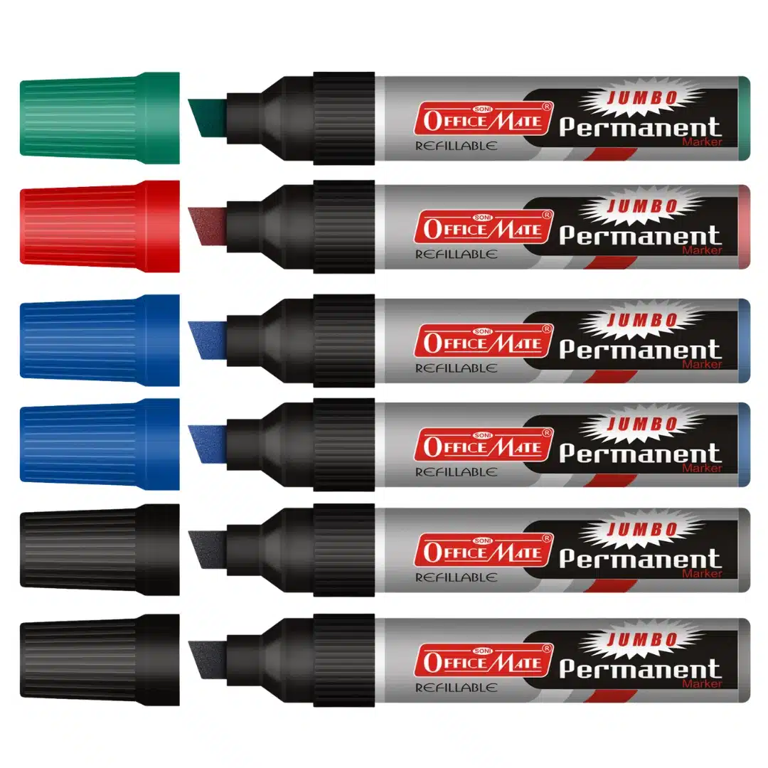 Soni Office Mate Jumbo Permanent Marker Refillable 10 mm Chisel Tip for Plastic, Glass, Metal & More, Multicolor (Pack of 6)