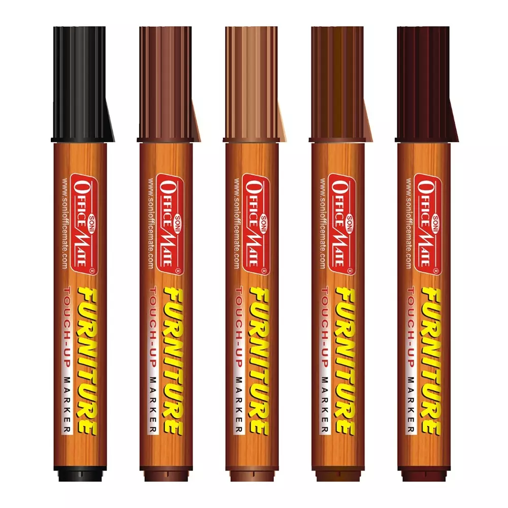 Soni Office Mate Furniture Marker 5.6 mm Chisel Tip Quick Dry, Waterproof Ink, Black, Oak, Maple, Cherry, Walnut, Mahogany (Pack of 5)