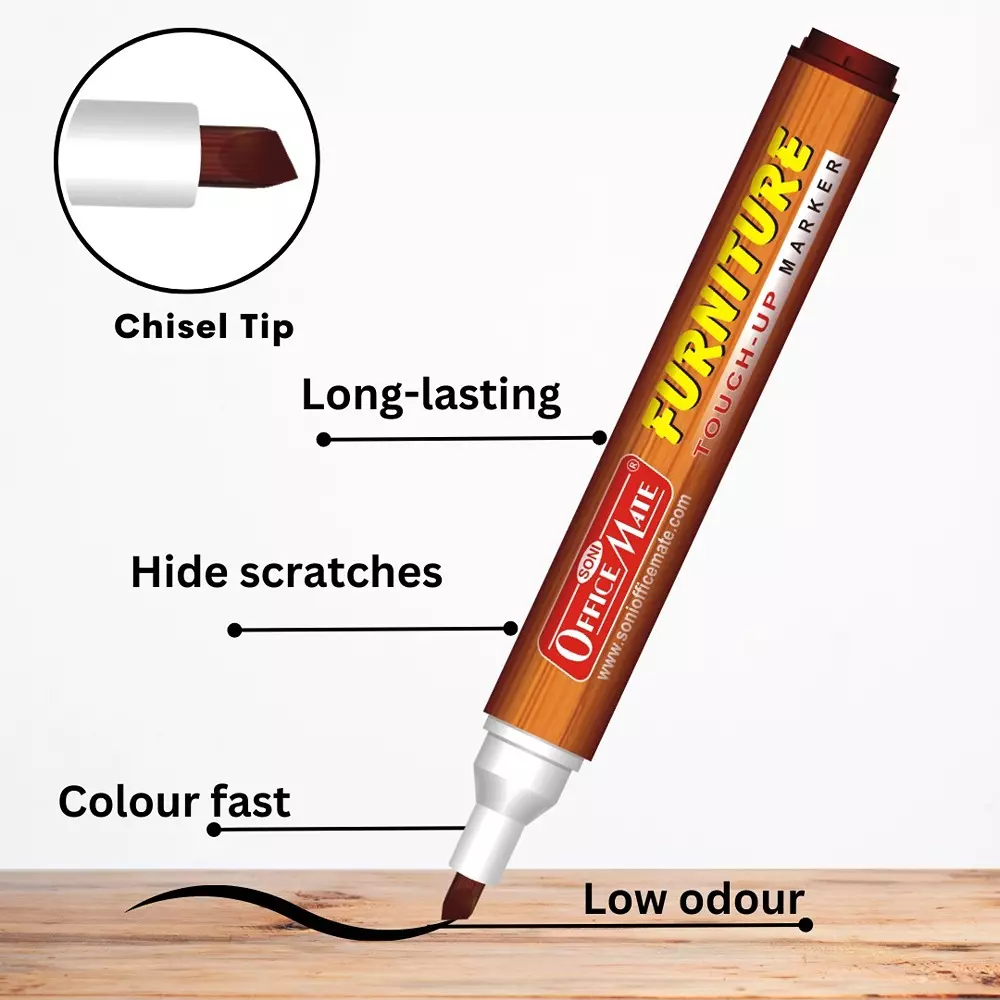 Soni Office Mate Furniture Marker 5.6 mm Chisel Tip Quick Dry, Waterproof Ink, Black, Oak, Maple, Cherry, Walnut, Mahogany (Pack of 5)