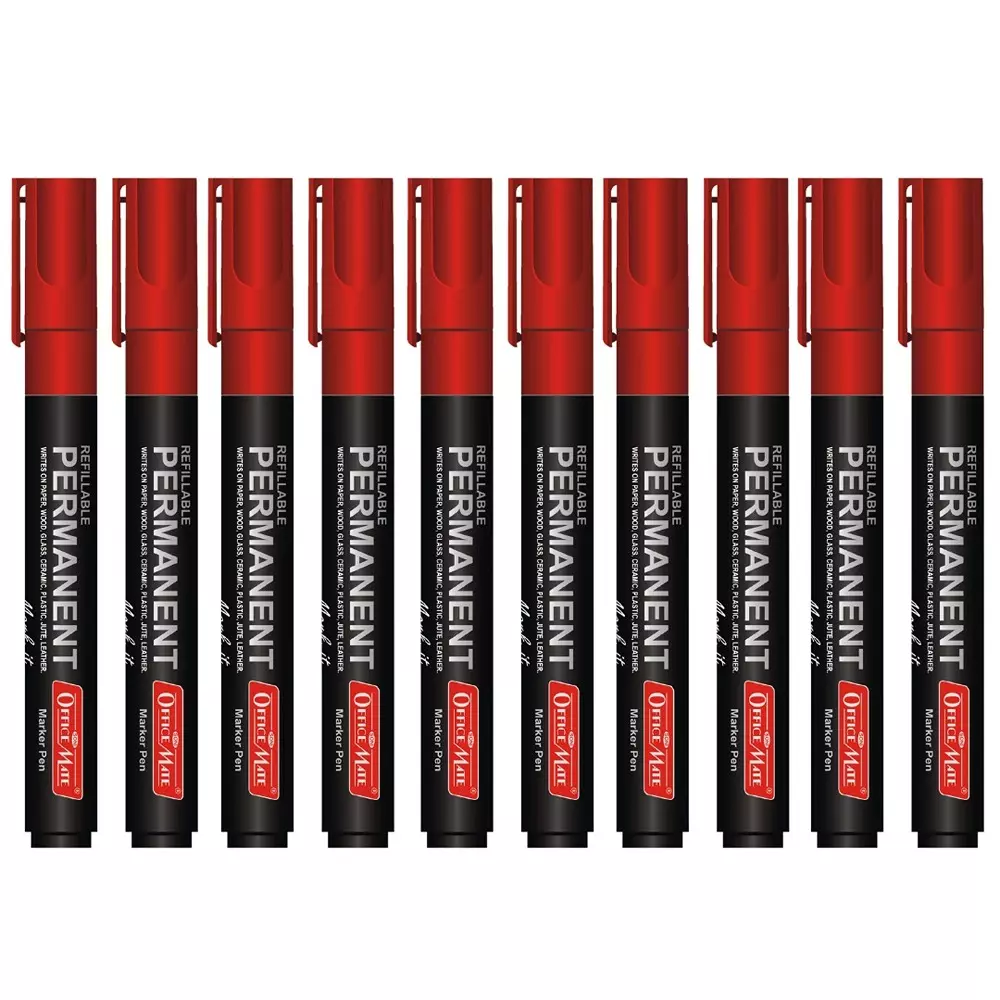Soni Office Mate Permanent Marker Refillable 4.43 mm Bullet Tip for Plastic, Glass, Metal & More, Red (Pack of 10)