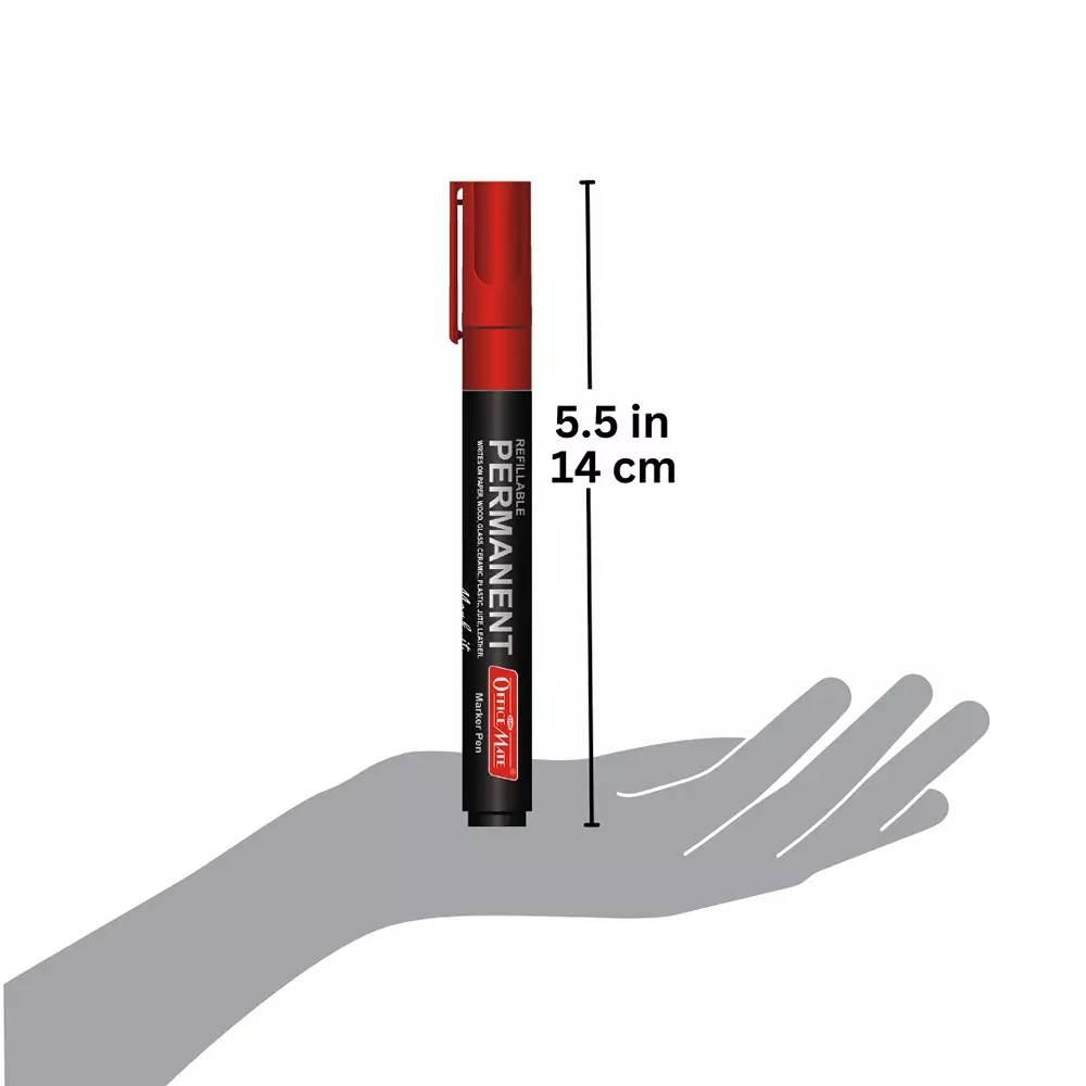 Soni Office Mate Permanent Marker Refillable 4.43 mm Bullet Tip for Plastic, Glass, Metal & More, Red (Pack of 10)