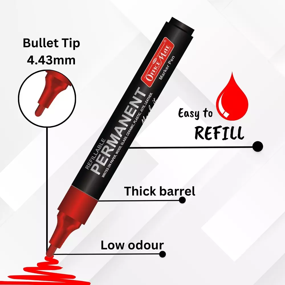 Soni Office Mate Permanent Marker Refillable 4.43 mm Bullet Tip for Plastic, Glass, Metal & More, Red (Pack of 10)