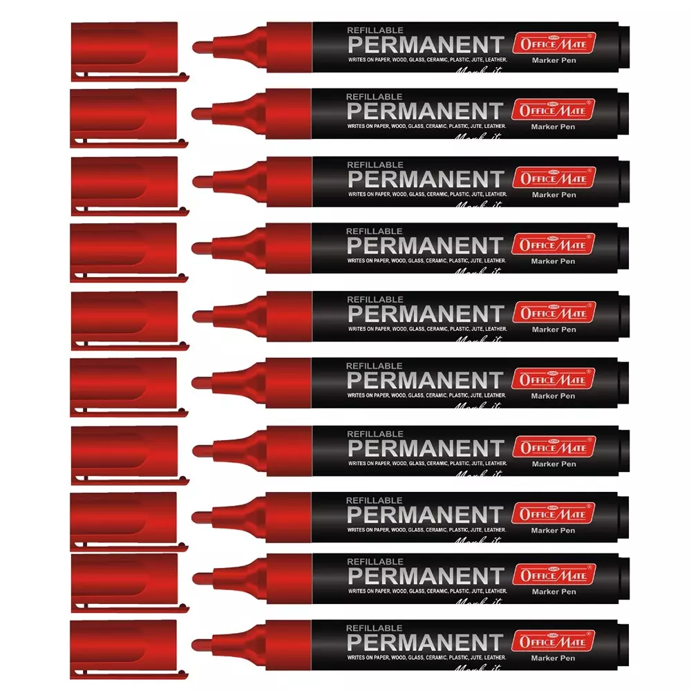 Soni Office Mate Permanent Marker Refillable 4.43 mm Bullet Tip for Plastic, Glass, Metal & More, Red (Pack of 10)