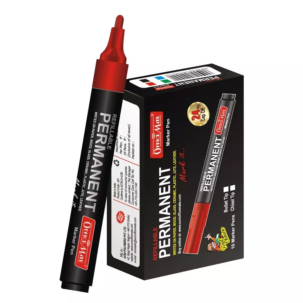 Soni Office Mate Permanent Marker Refillable 4.43 mm Bullet Tip for Plastic, Glass, Metal & More, Red (Pack of 10)