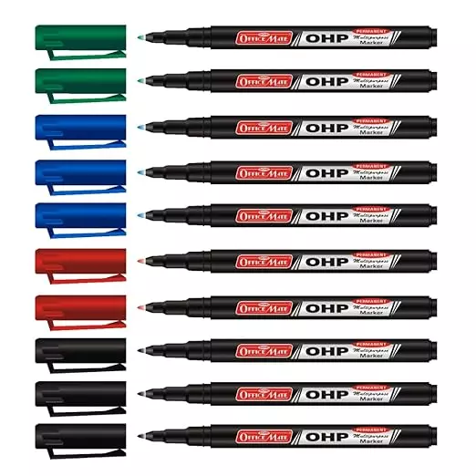 Soni Office Mate Permanent OHP/CD/DVD Marker 2.2 mm Fine Tip Fade Proof, Water Proof, Quick Drying Ink, Multicolor (Pack of 10)