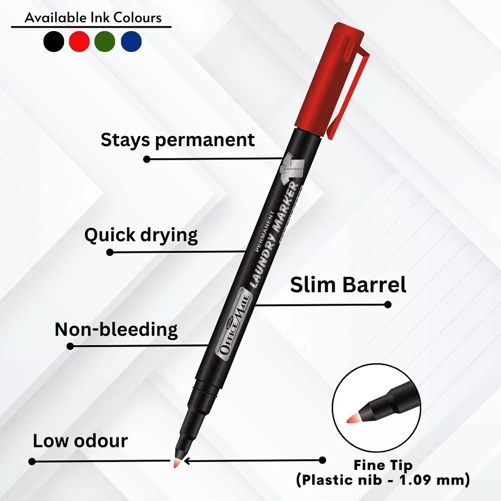Soni Office Mate 1.09 mm Fine Tip Laundry Marker Permanent, Fade-Resistant & Quick-Drying for Clothes, Bags and Labels, Multicolor (Pack of 4)