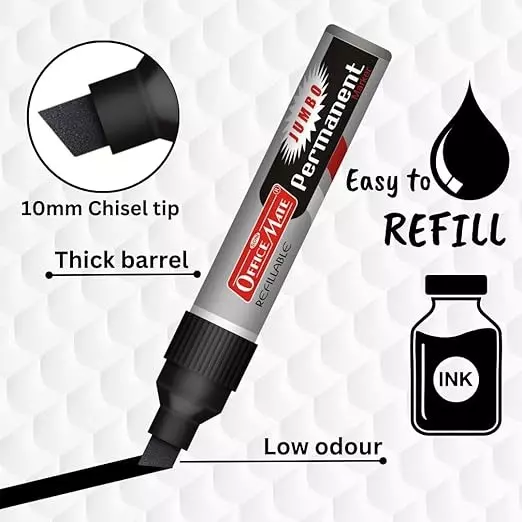 Soni Office Mate Jumbo Permanent Marker 10 mm Chisel Tip Non-Bleeding, Low Odor for Office, School, Home, Black (Pack of 2)