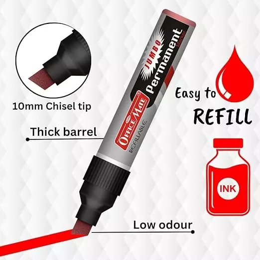 Soni Office Mate Jumbo Permanent Marker 10 mm Chisel Tip Non-Bleeding, Low Odor for Office, School, Home, Red (Pack of 2)