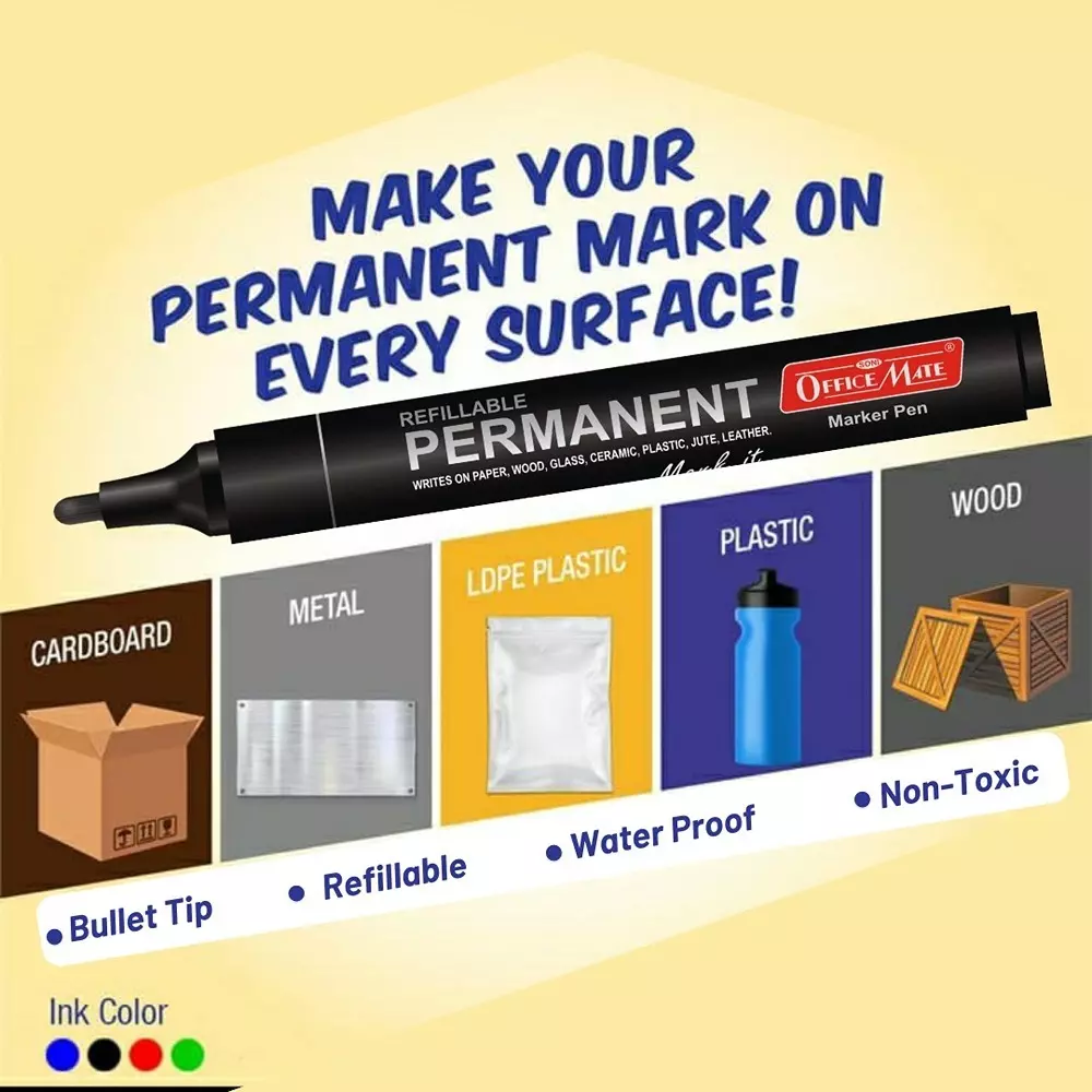 Soni Office Mate Permanent Marker Combo Refillable Type Waterproof, Smudge proof 4.43 mm Bullet Tip Ideal For Office, School & Home, Multicolor (Set of 8)