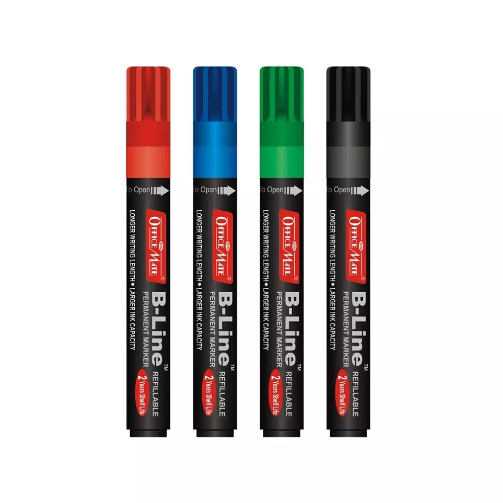 Soni Office Mate B-Line Permanent Maker Refillable Type Low Odor, Waterproof 4.43 mm Bullet Tip Ideal For Office, School & Home, Multicolor (Pack of 4)