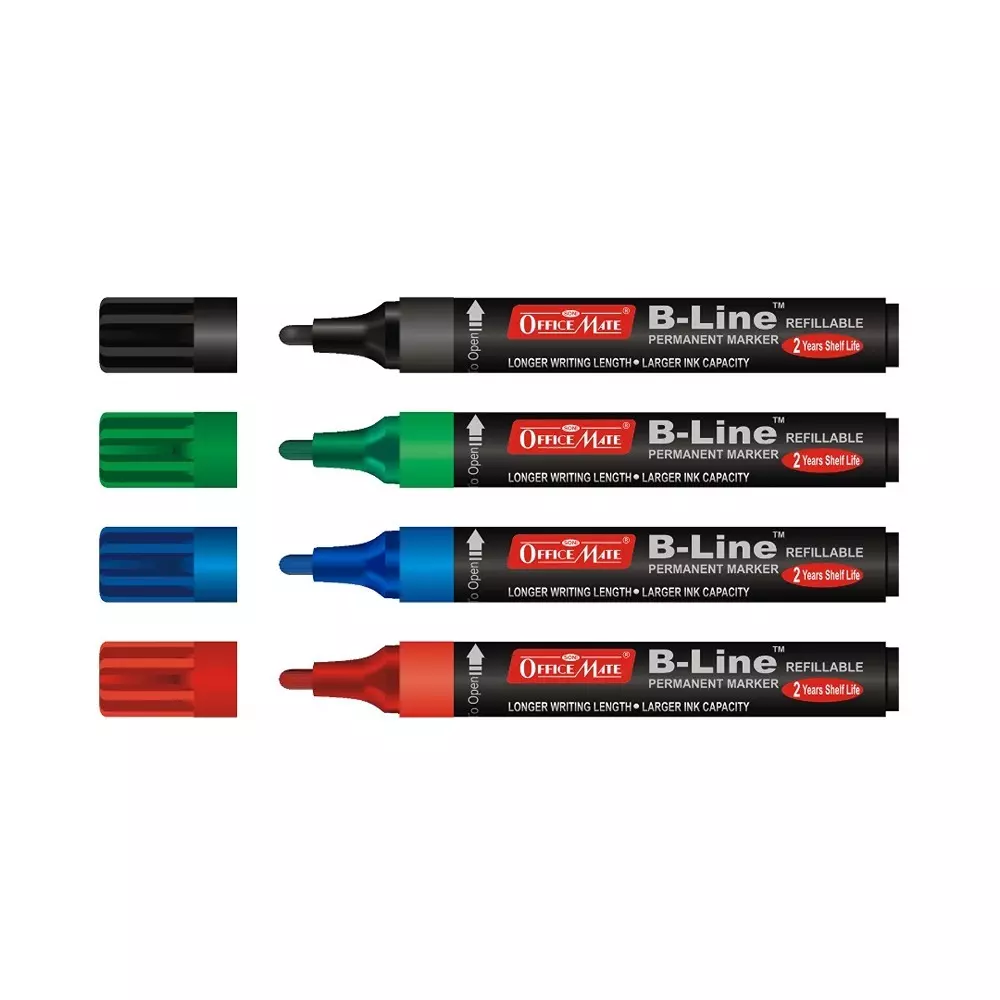 Soni Office Mate B-Line Permanent Maker Refillable Type Low Odor, Waterproof 4.43 mm Bullet Tip Ideal For Office, School & Home, Multicolor (Pack of 4)