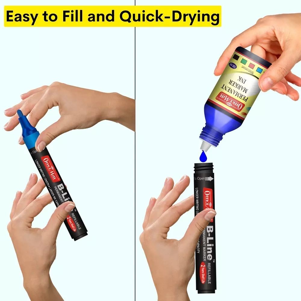 Soni Office Mate B-Line Permanent Maker Refillable Type Low Odor, Waterproof 4.43 mm Bullet Tip Ideal For Office, School & Home, Multicolor (Pack of 4)