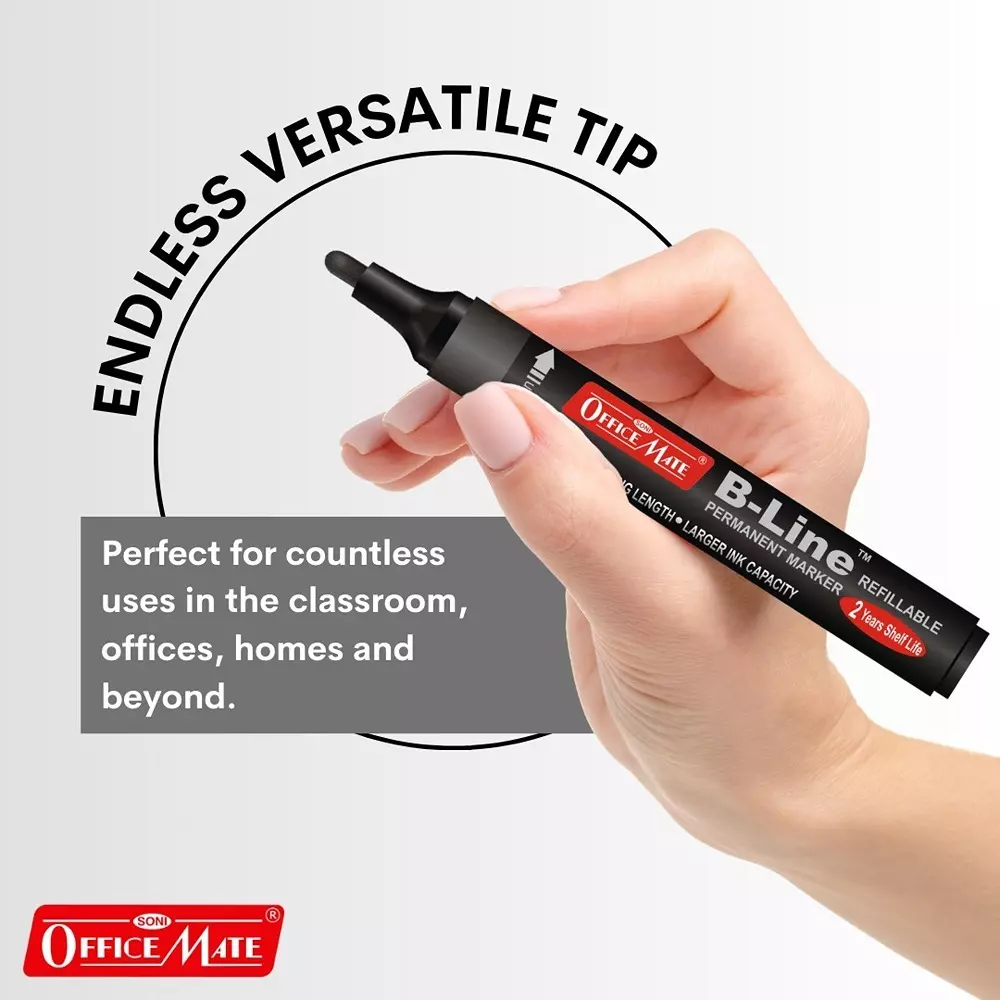 Soni Office Mate B-Line Permanent Maker Refillable Type Low Odor, Waterproof 4.43 mm Bullet Tip Ideal For Office, School & Home, Multicolor (Pack of 4)