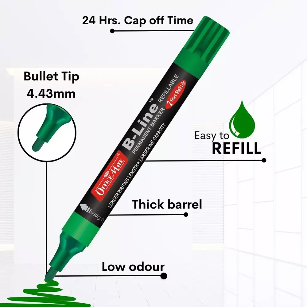Soni Office Mate B-Line Permanent Maker Refillable Type Low Odor, Waterproof 4.43 mm Bullet Tip Ideal For Office, School & Home, Multicolor (Pack of 4)