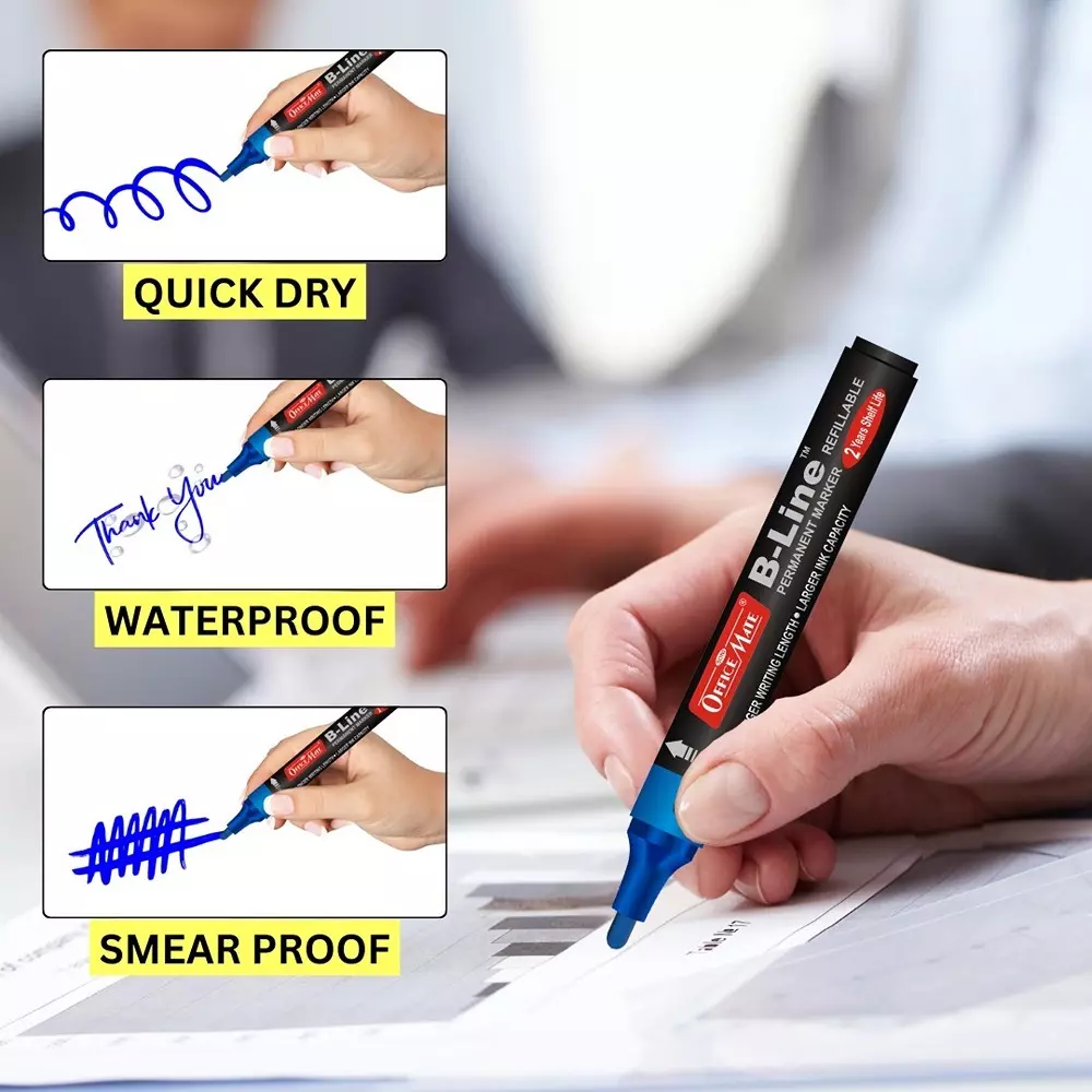 Soni Office Mate B-Line Permanent Maker Refillable Type Low Odor, Waterproof 4.43 mm Bullet Tip Ideal For Office, School & Home, Multicolor (Pack of 4)