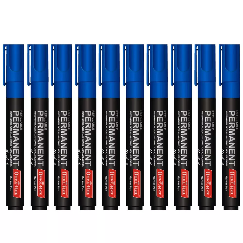 Soni Office Mate Permanent Marker Refillable 4.43 mm Bullet Tip for Plastic, Glass, Metal & More, Blue (Pack of 10)
