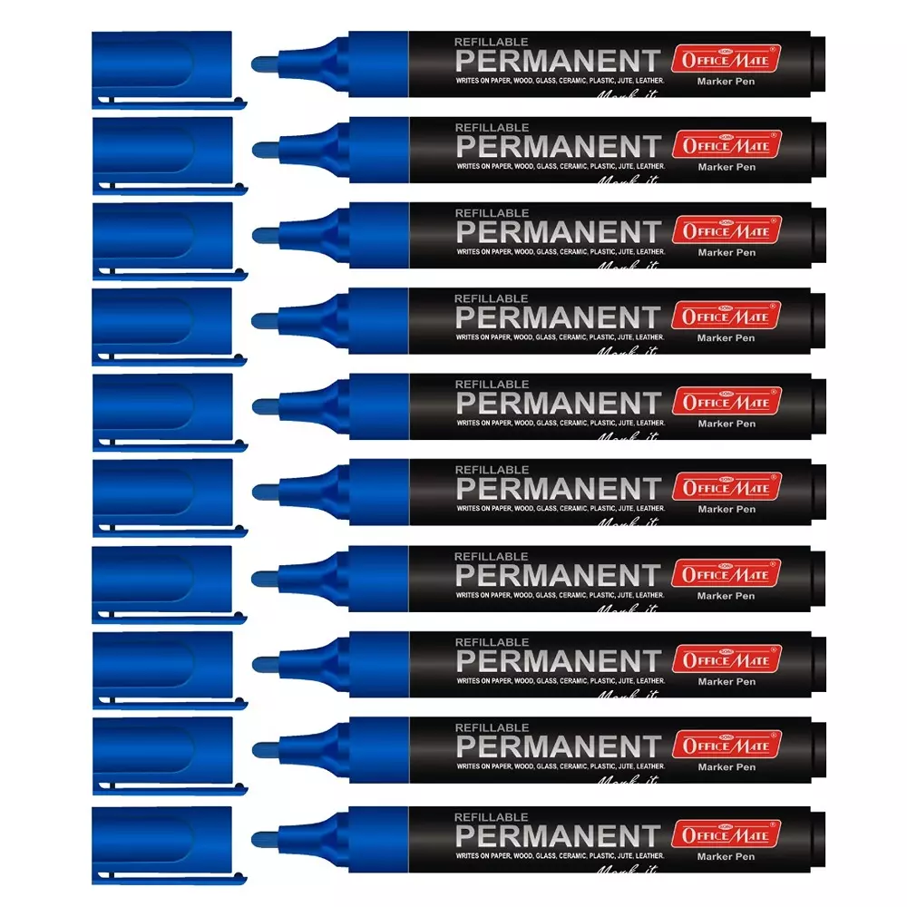 Soni Office Mate Permanent Marker Refillable 4.43 mm Bullet Tip for Plastic, Glass, Metal & More, Blue (Pack of 10)