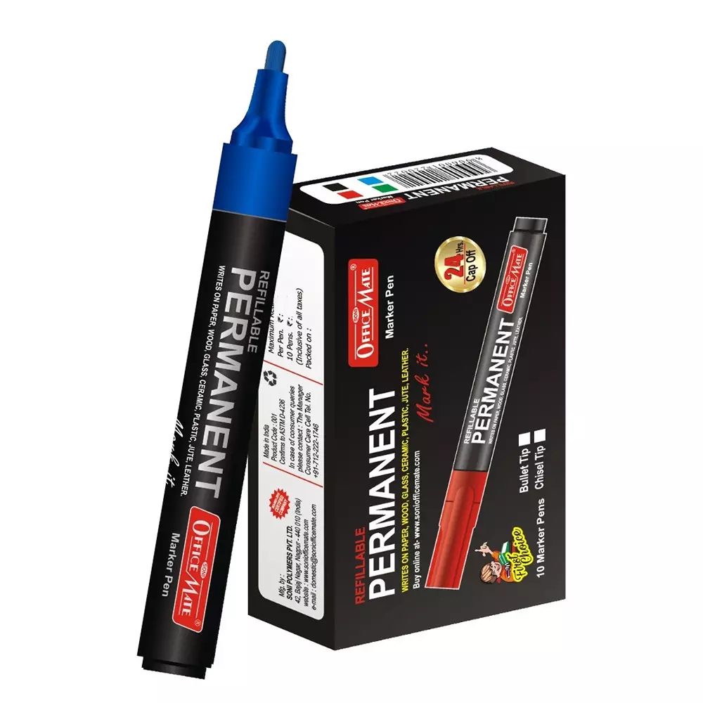 Soni Office Mate Permanent Marker Refillable 4.43 mm Bullet Tip for Plastic, Glass, Metal & More, Blue (Pack of 10)