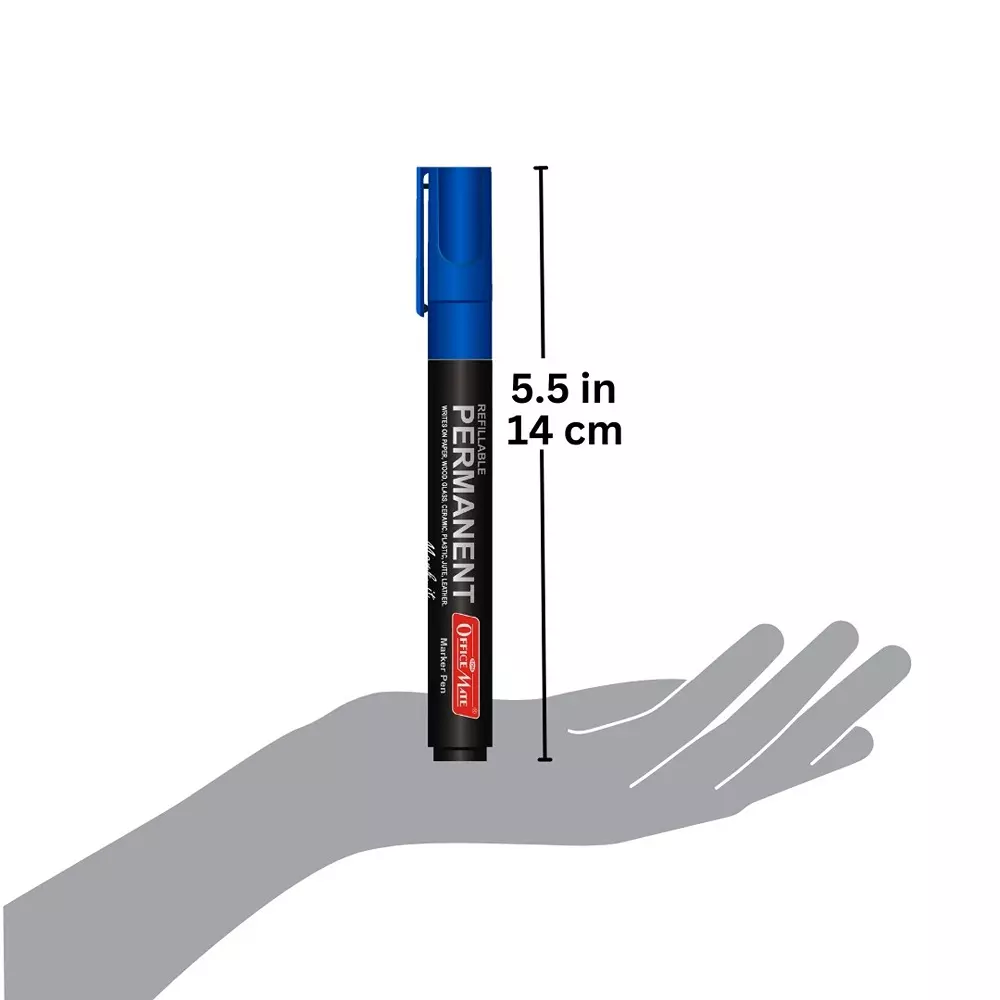 Soni Office Mate Permanent Marker Refillable 4.43 mm Bullet Tip for Plastic, Glass, Metal & More, Blue (Pack of 10)