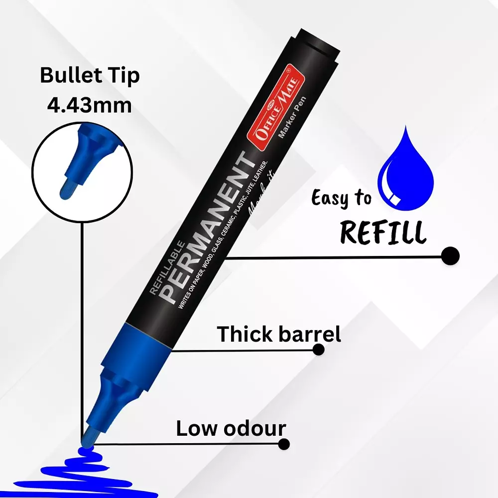 Soni Office Mate Permanent Marker Refillable 4.43 mm Bullet Tip for Plastic, Glass, Metal & More, Blue (Pack of 10)