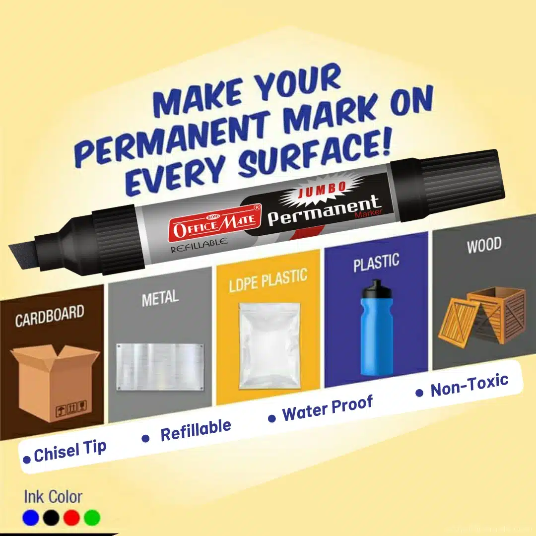 Soni Office Mate Jumbo Permanent Marker Refillable 10 mm Chisel Tip for Plastic, Glass, Metal & More, Blue (Pack of 6)