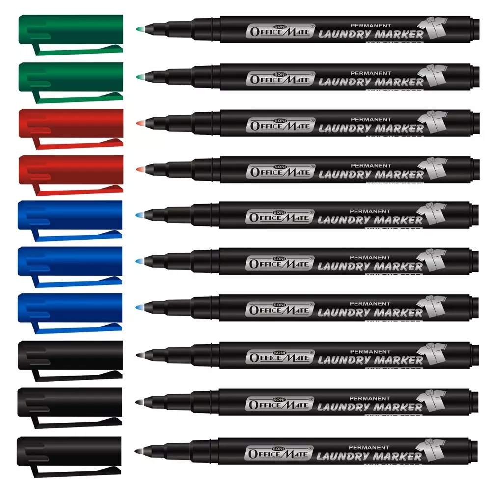 Soni Office Mate 1.09 mm Fine Tip Laundry Marker Fade Proof, Water Proof, Quick Drying Ink for Labels & Clothes, Multicolor (Pack of 10)