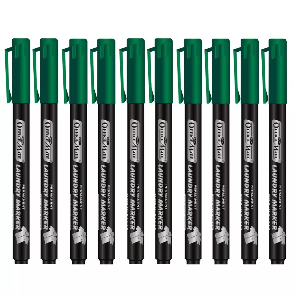 Soni Office Mate 1.09 mm Fine Tip Laundry Marker Fade Proof, Water Proof, Quick Drying Ink for Uniform, Bags & Labels, Green (Pack of 10)
