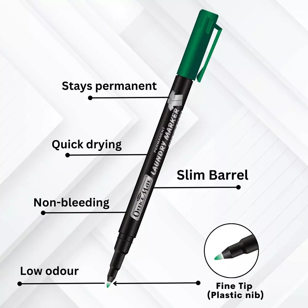 Soni Office Mate 1.09 mm Fine Tip Laundry Marker Fade Proof, Water Proof, Quick Drying Ink for Uniform, Bags & Labels, Green (Pack of 10)