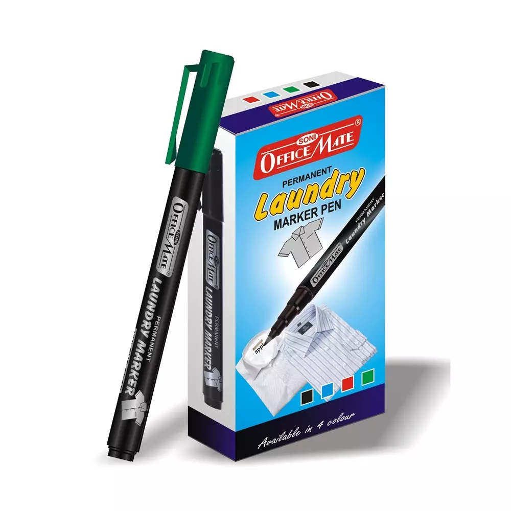 Soni Office Mate 1.09 mm Fine Tip Laundry Marker Fade Proof, Water Proof, Quick Drying Ink for Uniform, Bags & Labels, Green (Pack of 10)