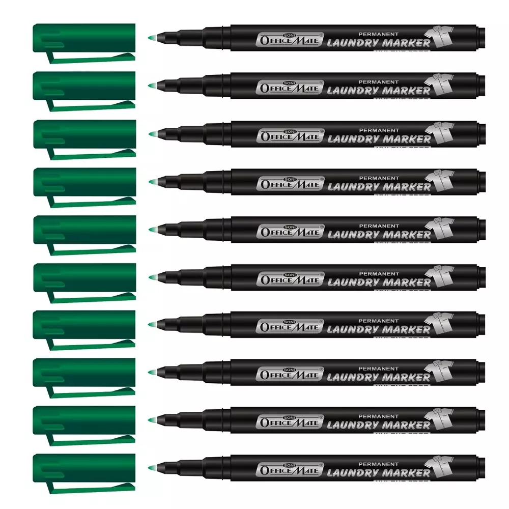 Soni Office Mate 1.09 mm Fine Tip Laundry Marker Fade Proof, Water Proof, Quick Drying Ink for Uniform, Bags & Labels, Green (Pack of 10)