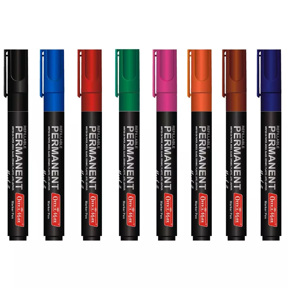 Soni Office Mate Permanent Marker Refillable 4.43 mm Bullet Tip for Plastic, Glass, Metal & More, Multicolor (Pack of 8)