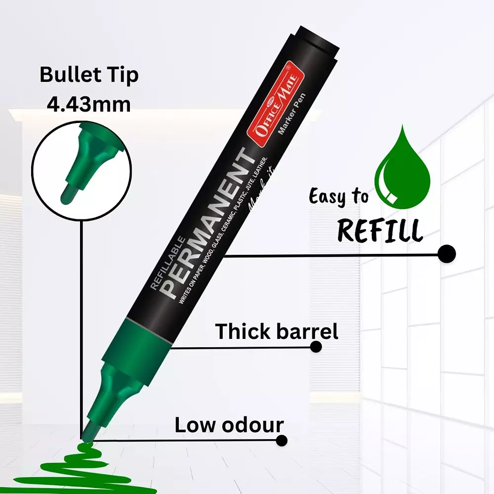 Soni Office Mate Permanent Marker Refillable 4.43 mm Bullet Tip for Plastic, Glass, Metal & More, Multicolor (Pack of 8)