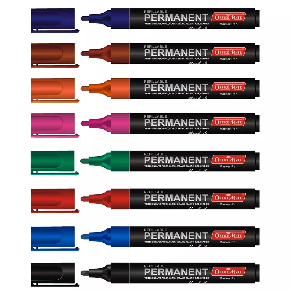 Soni Office Mate Permanent Marker Refillable 4.43 mm Bullet Tip for Plastic, Glass, Metal & More, Multicolor (Pack of 8)