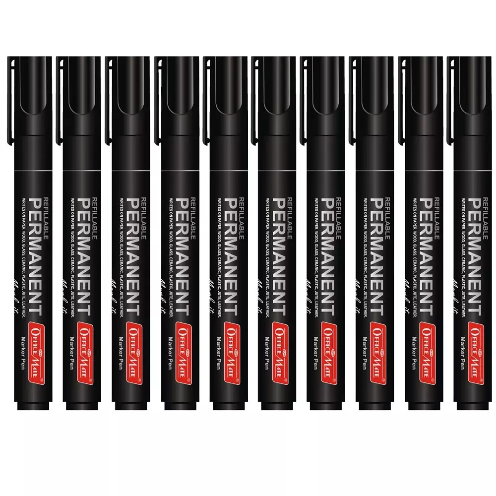 Soni Office Mate Permanent Marker Refillable 4.43 mm Bullet Tip for Plastic, Glass, Metal & More, Black (Pack of 10)