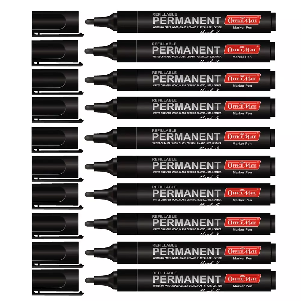 Soni Office Mate Permanent Marker Refillable 4.43 mm Bullet Tip for Plastic, Glass, Metal & More, Black (Pack of 10)