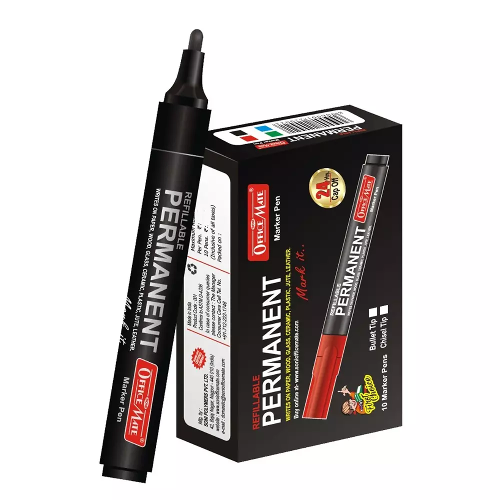 Soni Office Mate Permanent Marker Refillable 4.43 mm Bullet Tip for Plastic, Glass, Metal & More, Black (Pack of 10)