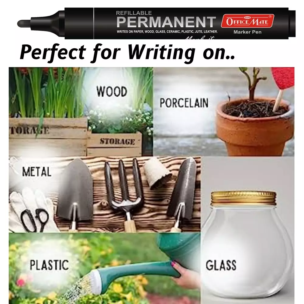 Soni Office Mate Permanent Marker Refillable 4.43 mm Bullet Tip for Plastic, Glass, Metal & More, Black (Pack of 10)