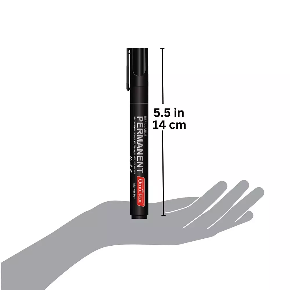 Soni Office Mate Permanent Marker Refillable 4.43 mm Bullet Tip for Plastic, Glass, Metal & More, Black (Pack of 10)