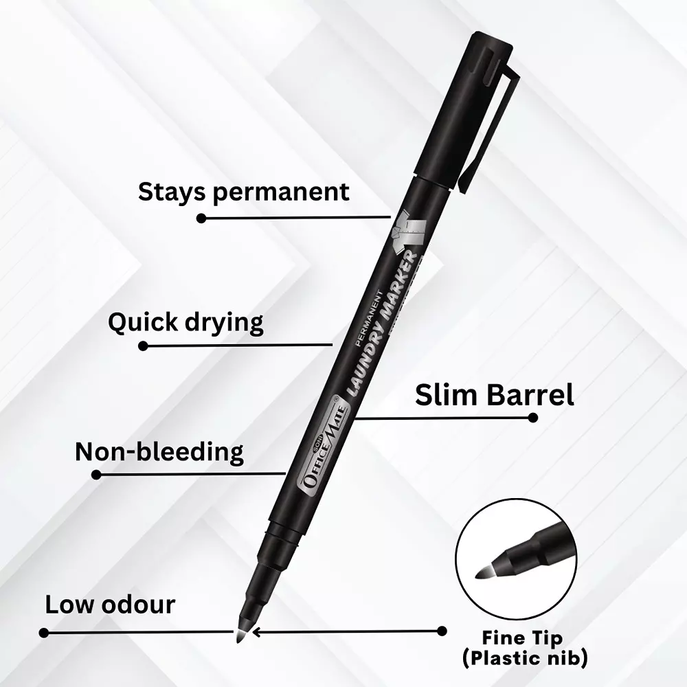 Soni Office Mate 1.09 mm Fine Tip Laundry Marker Fade Proof, Water Proof, Quick Drying Ink for Uniform, Bags & Labels, Black (Pack of 10)