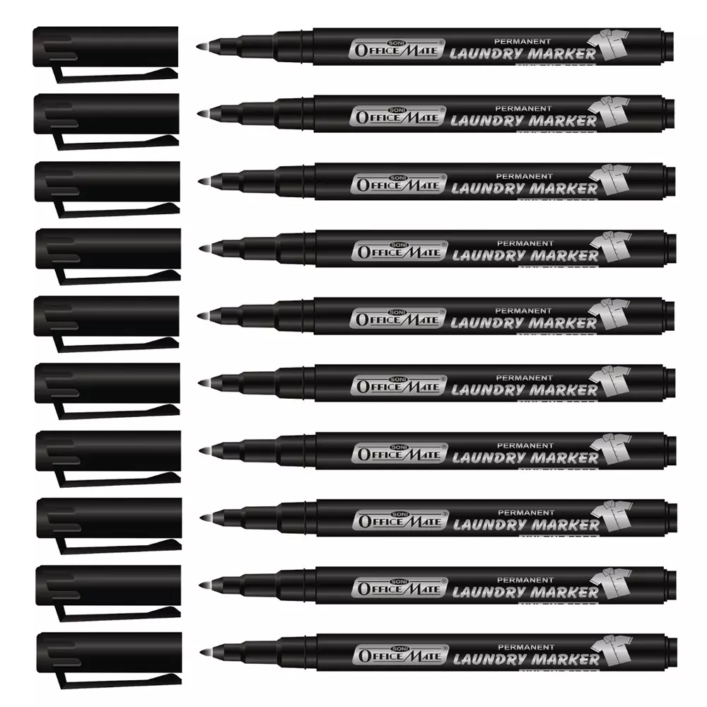 Soni Office Mate 1.09 mm Fine Tip Laundry Marker Fade Proof, Water Proof, Quick Drying Ink for Uniform, Bags & Labels, Black (Pack of 10)