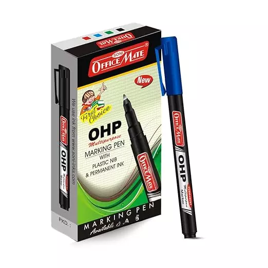 Soni Office Mate Permanent OHP/CD/DVD Marker 2.2 mm Fine Tip Fade Proof, Water Proof, Quick Drying Ink, Blue (Pack of 10)