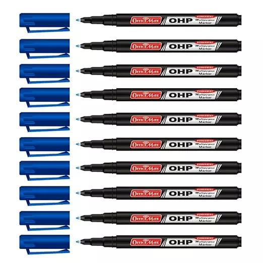 Soni Office Mate Permanent OHP/CD/DVD Marker 2.2 mm Fine Tip Fade Proof, Water Proof, Quick Drying Ink, Blue (Pack of 10)