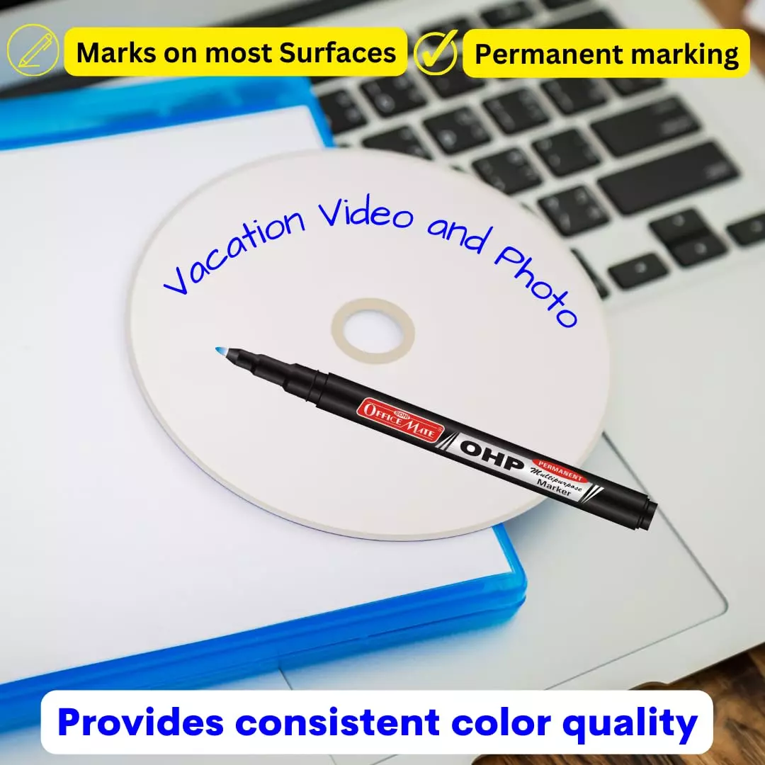 Soni Office Mate Permanent OHP/CD/DVD Marker 2.2 mm Fine Tip Fade Proof, Water Proof, Quick Drying Ink, Blue (Pack of 10)