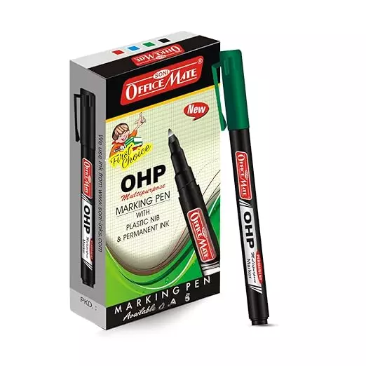 Soni Office Mate Permanent OHP/CD/DVD Marker 2.2 mm Fine Tip Fade Proof, Water Proof, Quick Drying Ink, Green (Pack of 10)