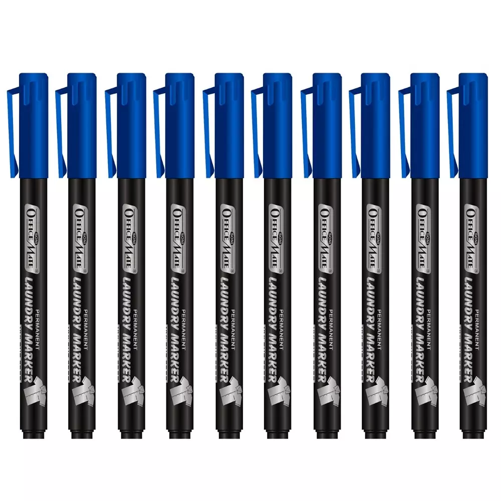 Soni Office Mate 1.09 mm Fine Tip Laundry Marker Fade Proof, Water Proof, Quick Drying Ink for Uniform, Bags & Labels, Blue (Pack of 10)