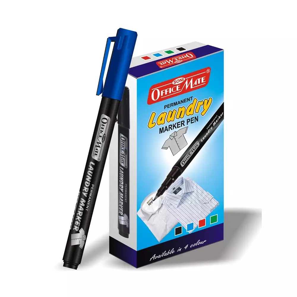 Soni Office Mate 1.09 mm Fine Tip Laundry Marker Fade Proof, Water Proof, Quick Drying Ink for Uniform, Bags & Labels, Blue (Pack of 10)