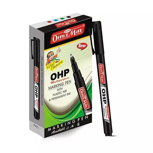 Soni Office Mate Permanent OHP/CD/DVD Marker 2.2 mm Fine Tip Fade Proof, Water Proof, Quick Drying Ink, Black (Pack of 10)