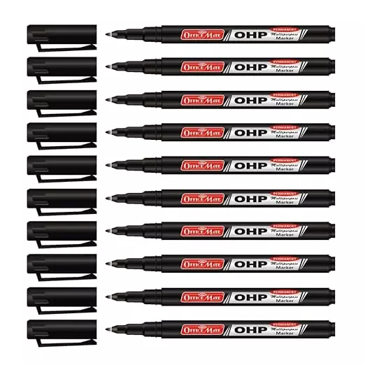 Soni Office Mate Permanent OHP/CD/DVD Marker 2.2 mm Fine Tip Fade Proof, Water Proof, Quick Drying Ink, Black (Pack of 10)