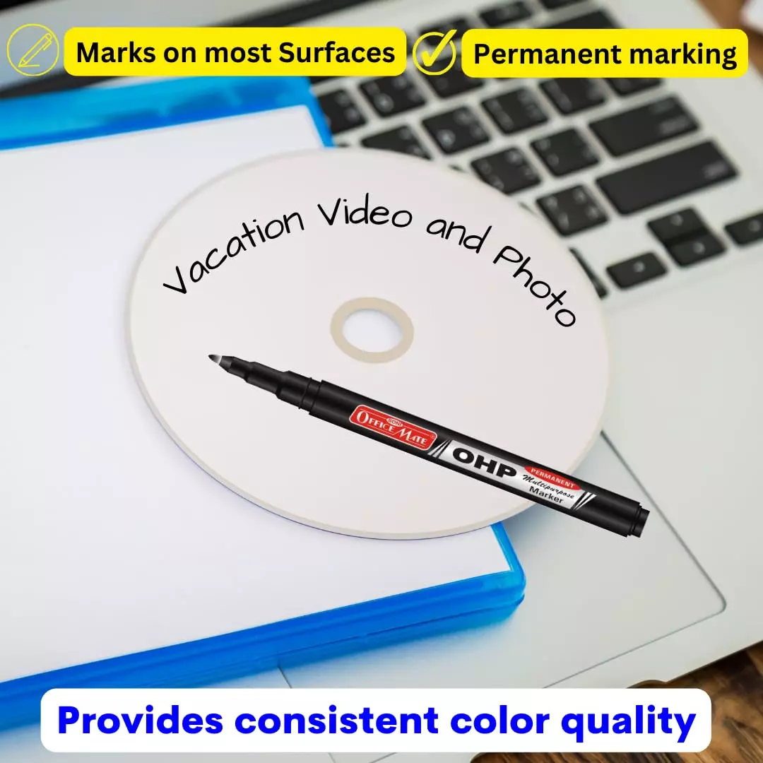 Soni Office Mate Permanent OHP/CD/DVD Marker 2.2 mm Fine Tip Fade Proof, Water Proof, Quick Drying Ink, Black (Pack of 10)